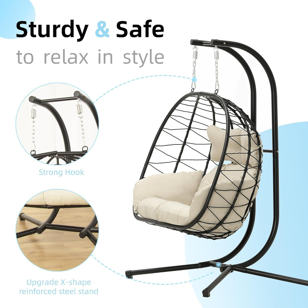 Double Egg Chair Hammock Swing Chair Foldable Hanging Loveseat UV Resistant Cushions wourant