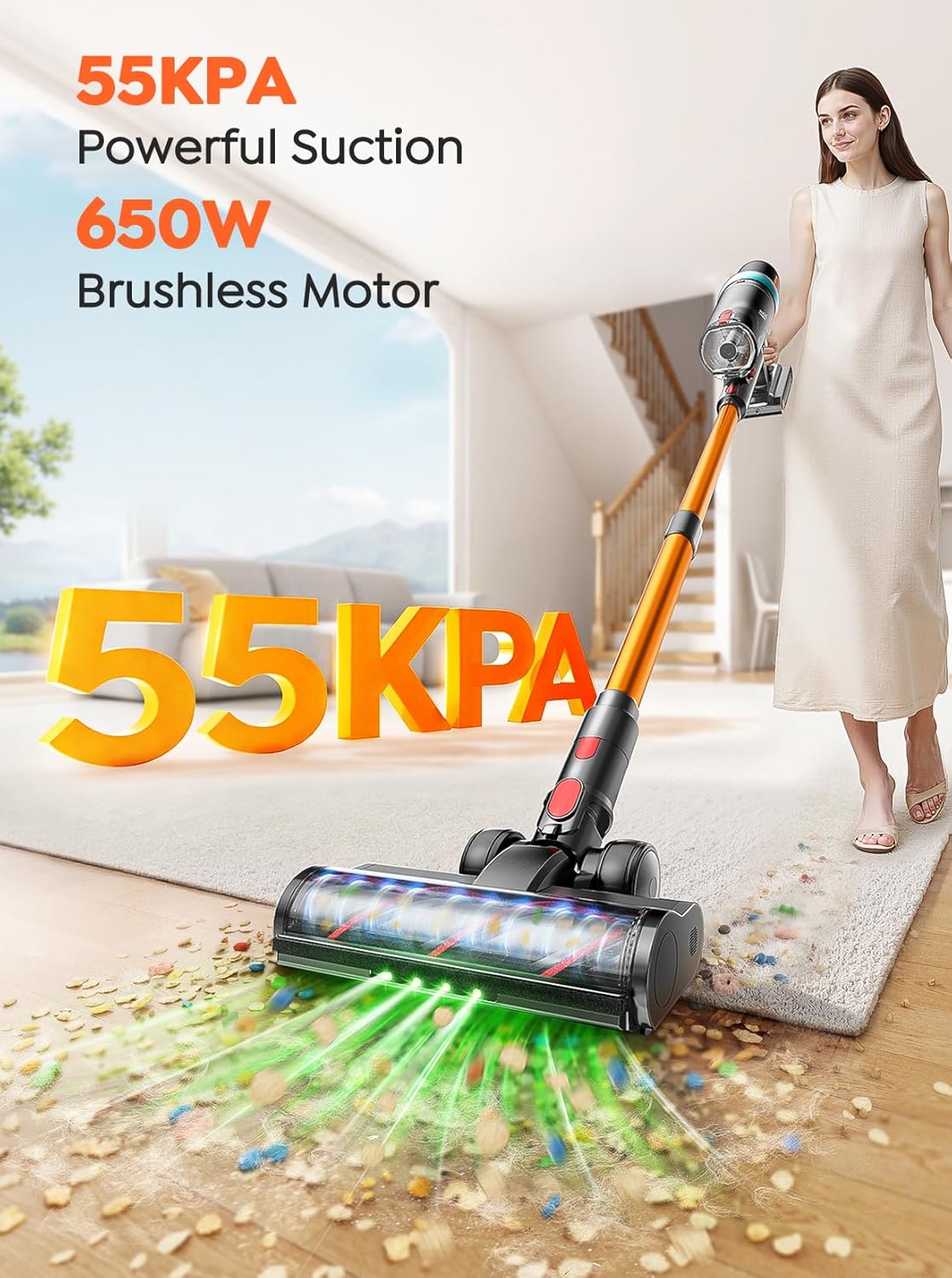 Cordless Vacuum Cleaner, 650W 55KPA 70Mins Vacuum Cleaners for Home, Upgraded Stick Vacuum with 3.3Ft Extendable Hose, LED Touch Screen, Wall Charging Station, Auto Mode for Carpet Pet Hair Hard Floor woonhhop