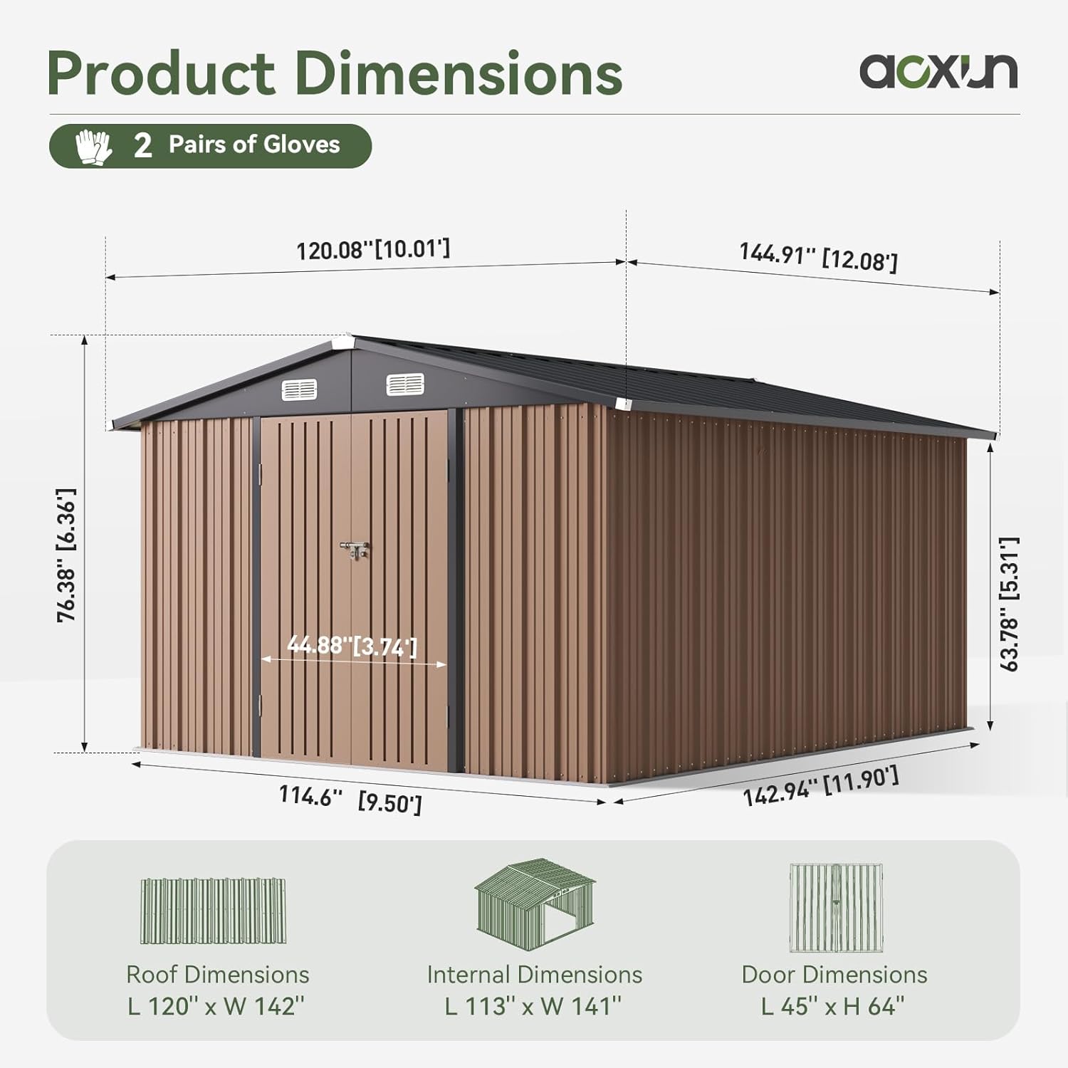Aoxun 12x10 FT Shed Metal Outdoor Waterproof Storage Shed Steel Utility Garden Tool Shed with Door & Lock Outdoor Storage for Garden Patio Lawn Poolside, Brown wourant
