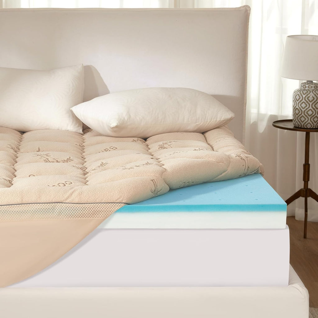 BEDLORE 4 Inch Memory Foam Mattress Topper King,2-in-1 Dual Layer Design (2" Gel Memory Foam + 2" Plush Pillow Top Cover) Mattress Topper Medium-Firm,Pressure Relief & Back Pain Support(Dark Gray) woonhhop