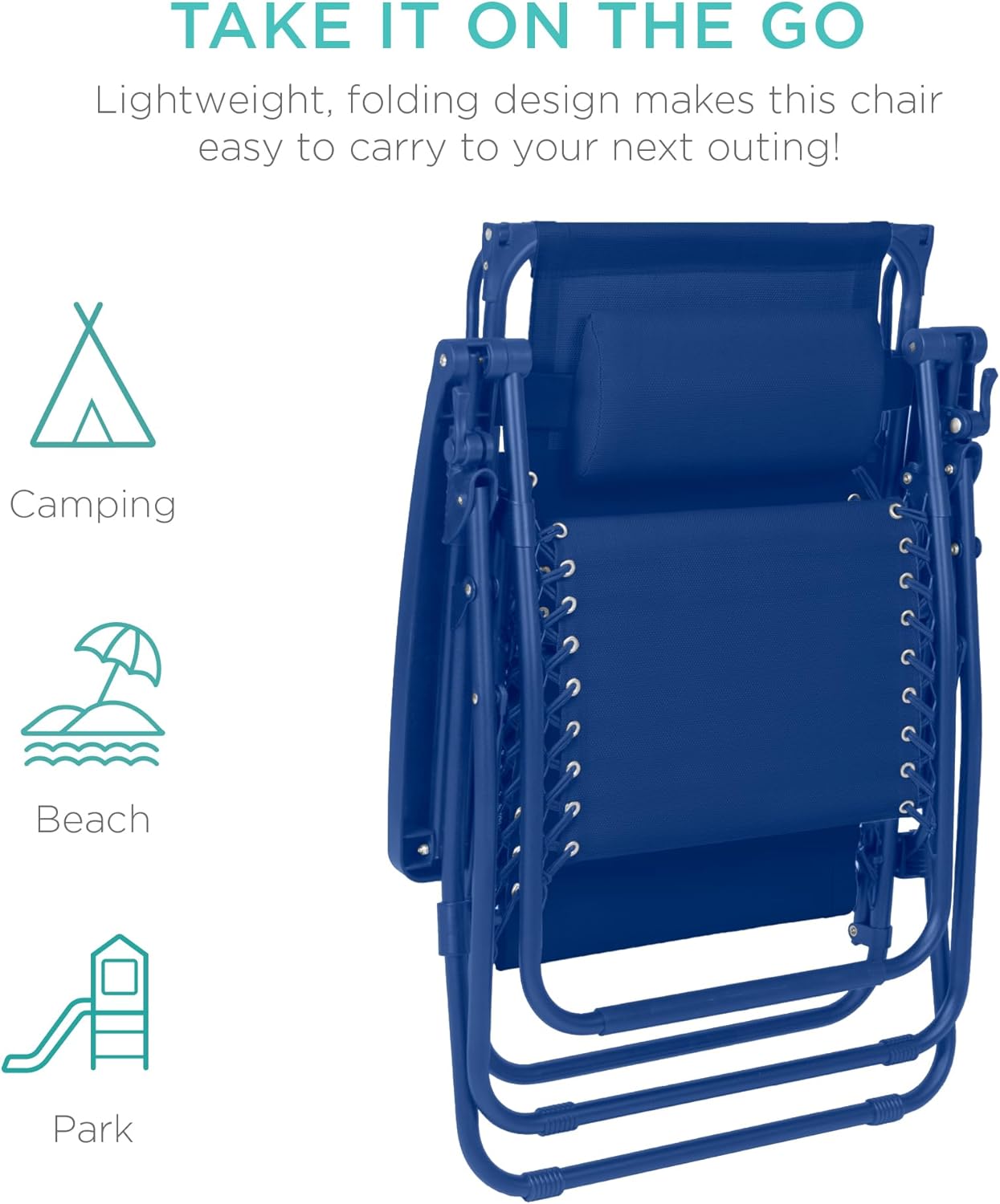 Best Choice Products Folding Zero Gravity Outdoor Recliner Patio Lounge Chair w/Adjustable Canopy Shade, Headrest, Side Accessory Tray, Textilene Mesh - Peacock Blue wourant