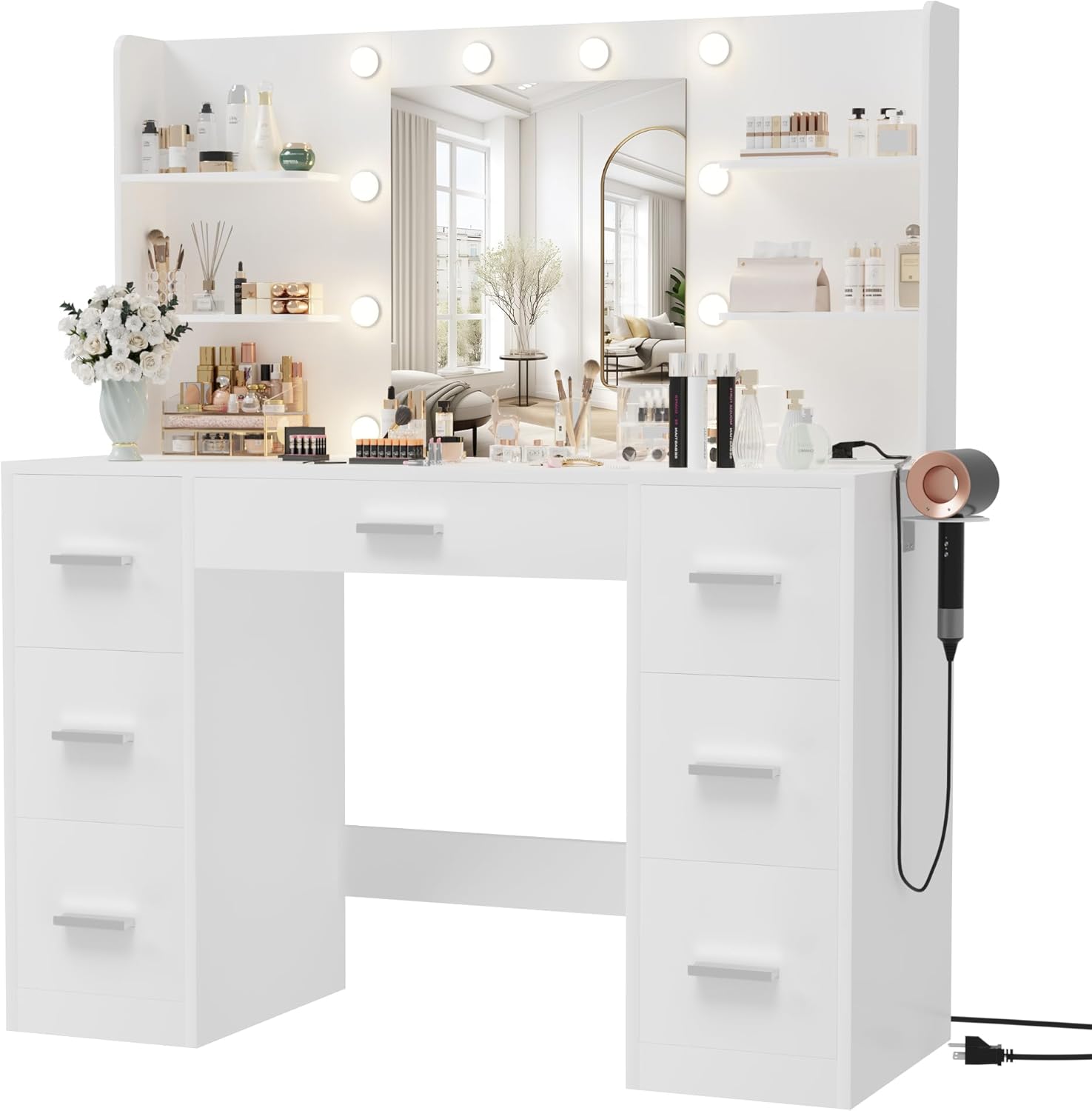 Furmax Vanity Desk with Mirror, LED Lights and Power Outlet Makeup Vanity Table wourant