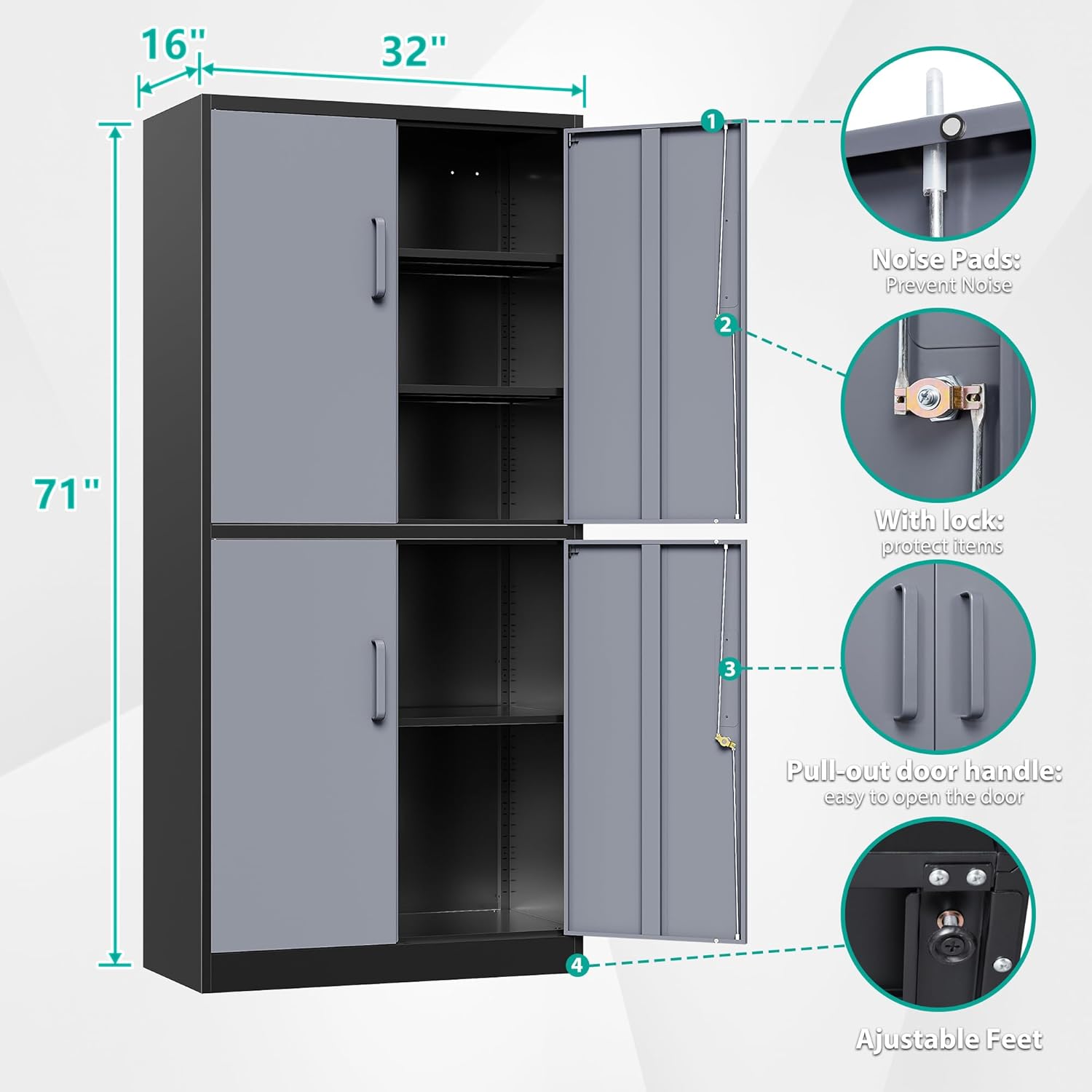 Metal Storage Cabinet with 2 Doors and 6 Shelves, Black Metal Cabinet with Lock, 71 Inch Lockable Garage Storage Cabinet wourant