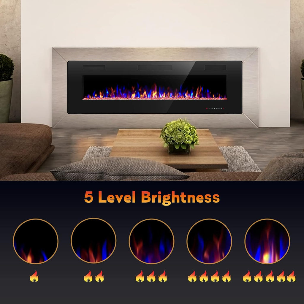 R.W.FLAME 60" Recessed and Wall Mounted Electric Fireplace, Low Noise, Fit for 2 x 6 Stud, Remote Control with Timer, Touch Screen, Adjustable Flame Color and Speed, 750-1500W wourant