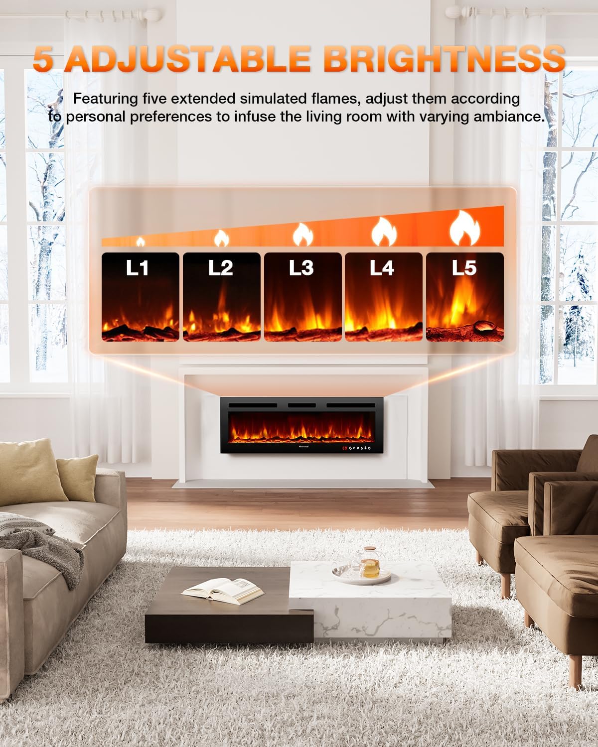 Electric Fireplace 60Inch,Wall Mounted Electric Fireplace Heater with Timer Inserts，TV Stand Touch Screen and Realistic Flame,Log Set,Crystal Flames 750 to 1500W，Remote for Living Room wourant