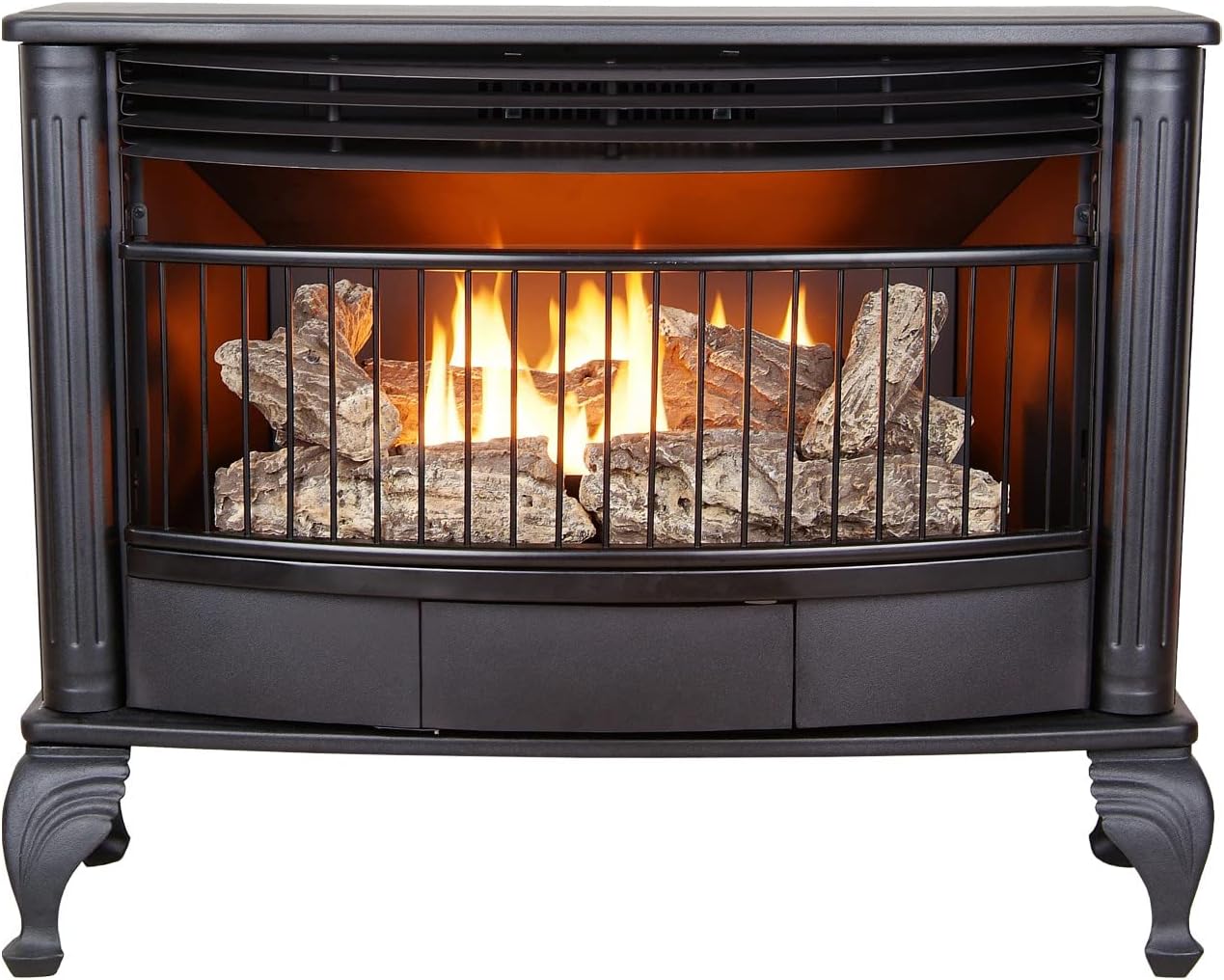 Vent-free 25,000 BTU space-saving freestanding dual-fuel fireplace with built-in thermostat control wourant