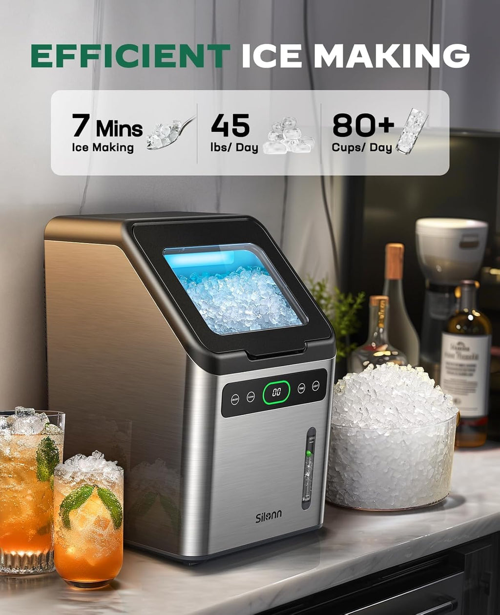 Nugget Ice Maker Countertop, Silonn Chewable Pellet Ice Machine with Self-Cleanin Function, 33lbs/24H Portable Ice Makers for Home Kitchen Officce, Black wourant