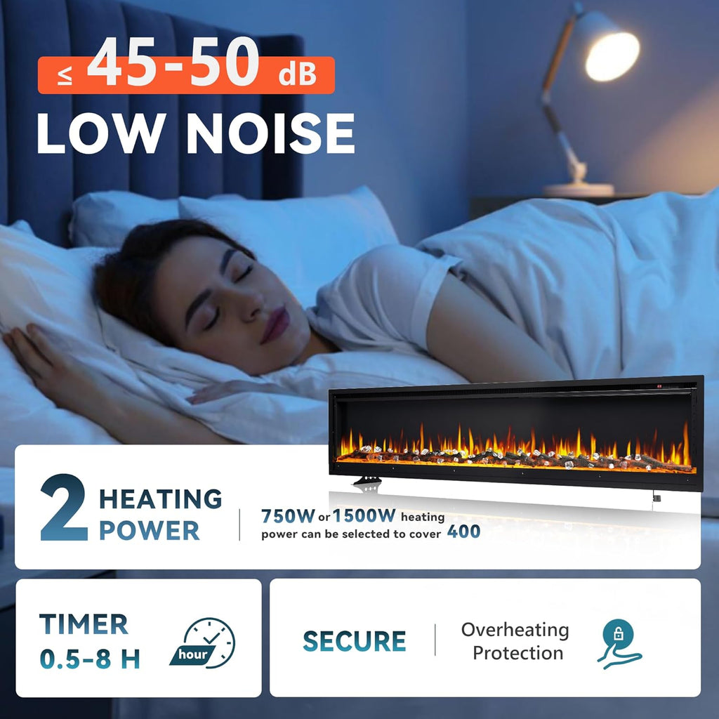 EUHOMY 50 Inch Electric Fireplace Wall Recessed and Wall Mounted with Adjustable Flame Color, Fireplace Heater with Remote Control, Linear Fireplace with Timer, Touch Screen, Log & Crystal, 750/1500W wourant