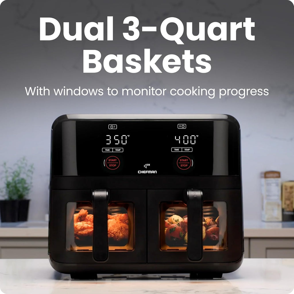 Chefman 6-Quart Double Basket Air Fryer with Easy View Window uses two separate 3-quart nonstick pans. wourant