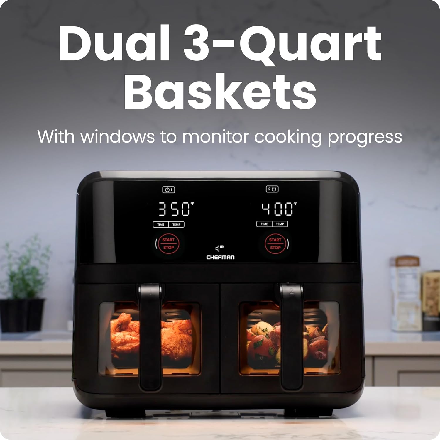 Chefman 6-Quart Double Basket Air Fryer with Easy View Window uses two separate 3-quart nonstick pans. wourant