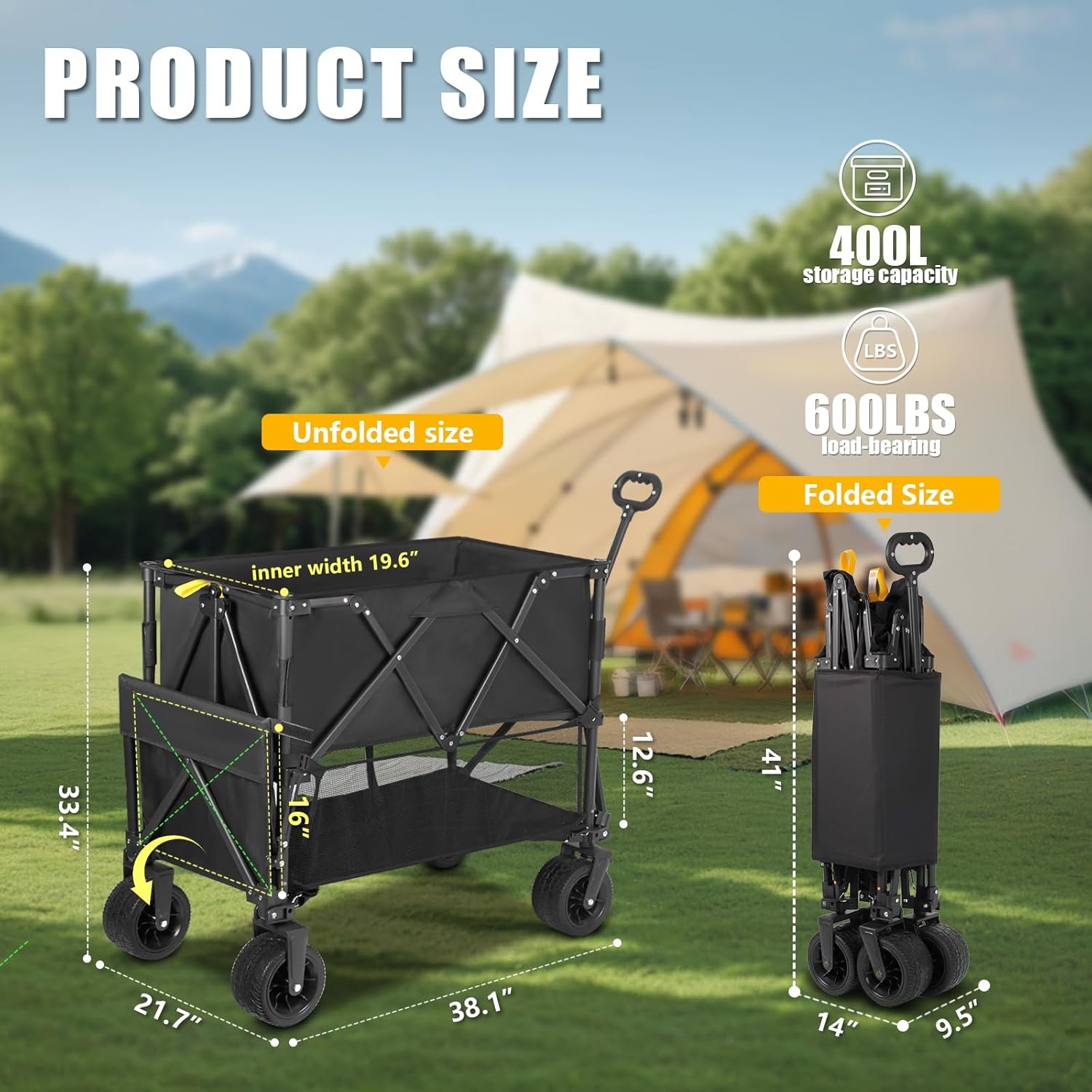 Double Decker Wagon Heavy Duty Collapsible, 600LBS 400L Capacity Foldable Utility Cart with Big Wheels wourant