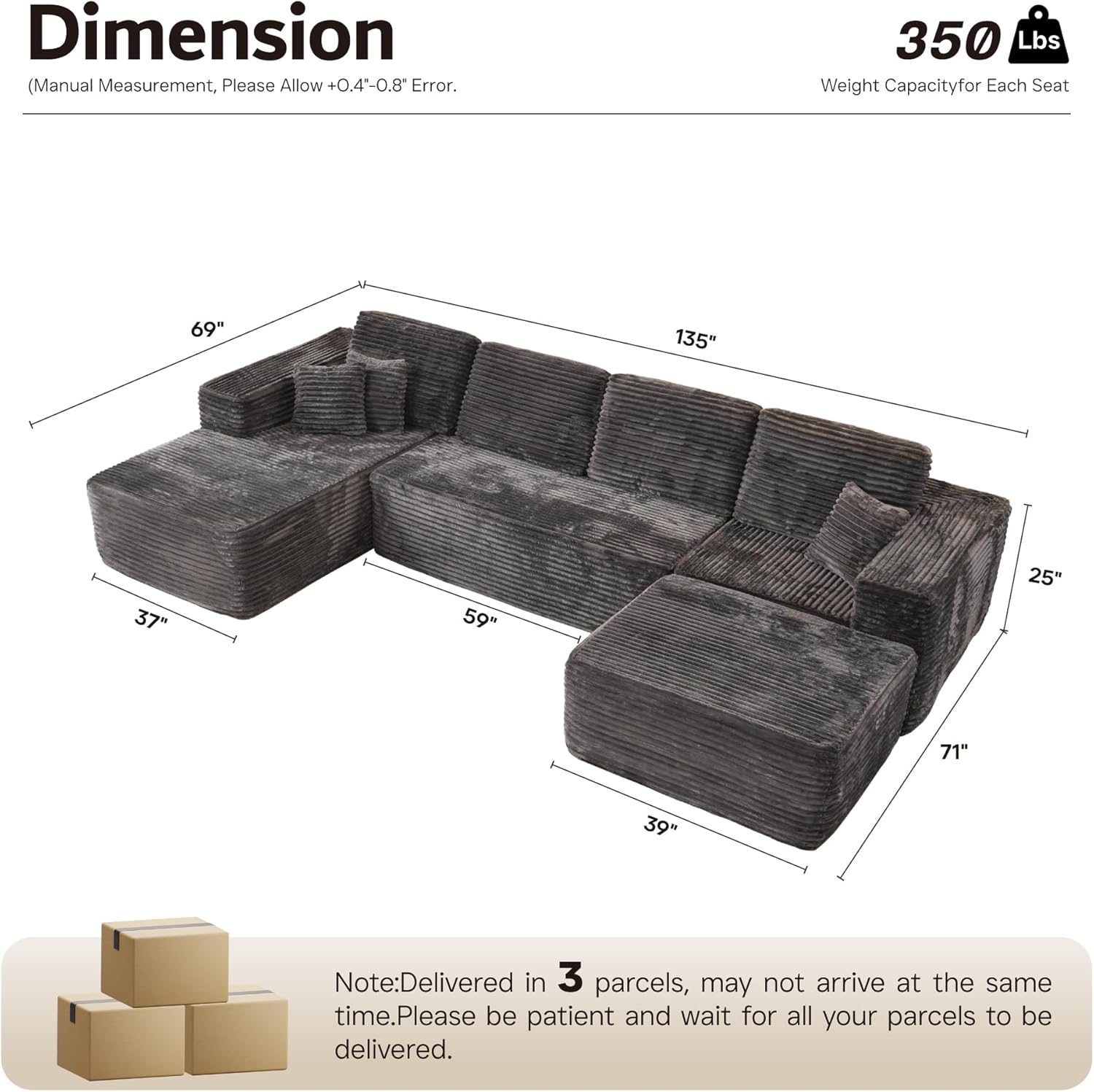 Ovios 104" Cloud Section Sofa L-shaped lounge chair, modern modular sofa wourant