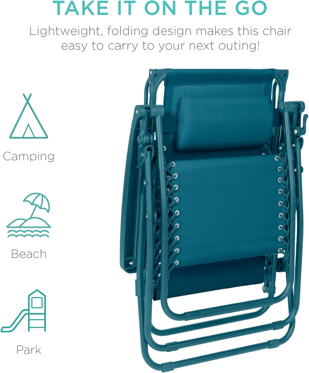 Best Choice Products Folding Zero Gravity Outdoor Recliner Patio Lounge Chair w/Adjustable Canopy Shade, Headrest, Side Accessory Tray, Textilene Mesh - Peacock Blue wourant
