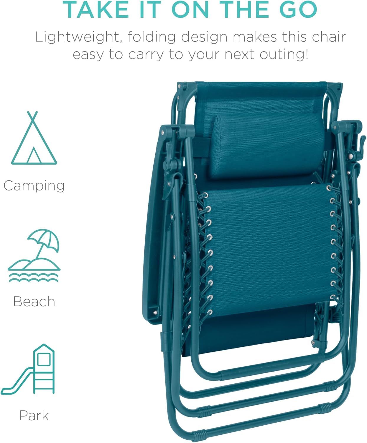 Best Choice Products Folding Zero Gravity Outdoor Recliner Patio Lounge Chair w/Adjustable Canopy Shade, Headrest, Side Accessory Tray, Textilene Mesh - Peacock Blue wourant