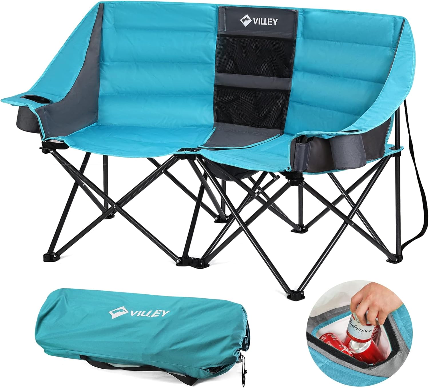 Double camping chair (with cooler bag), extra wide love seat, heavy duty padded camping sofa, portable folding chair wourant