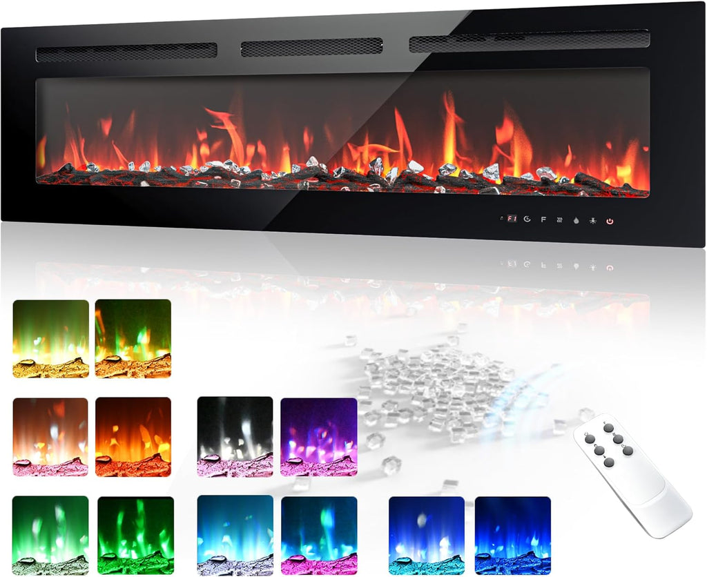 EUHOMY 50 Inch Electric Fireplace Wall Recessed and Wall Mounted with Adjustable Flame Color, Fireplace Heater with Remote Control, Linear Fireplace with Timer, Touch Screen, Log & Crystal, 750/1500W wourant