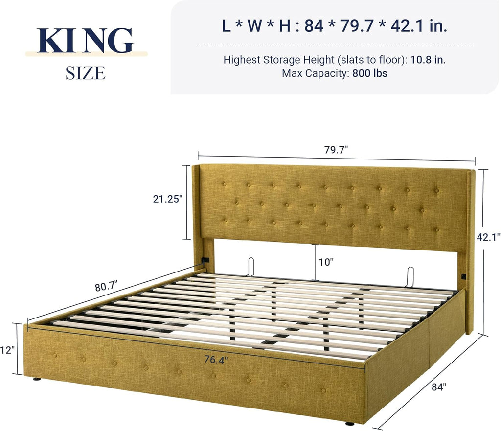 Allewie Queen Size Lift Up Storage Bed Modern Wingback Headboard Hydraulic Support wourant