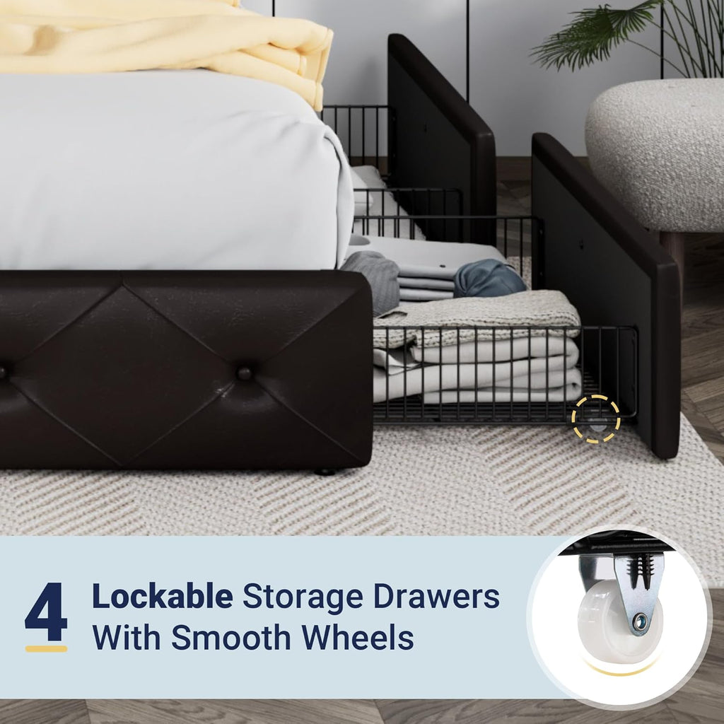 Allewie Upholstered Queen Size Platform Bed Frame with 4 Storage Drawers and Headboard wourant