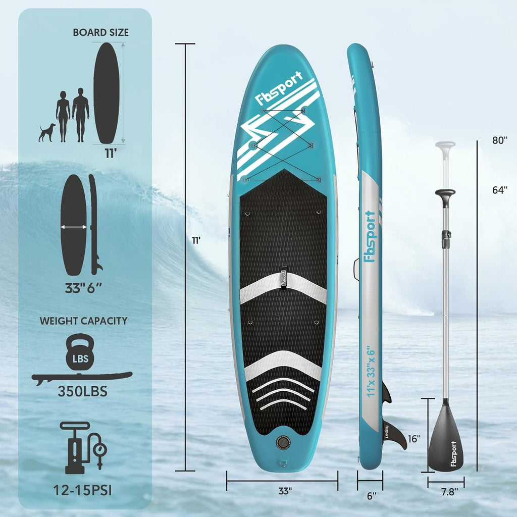 FBSPORT 11' Premium Stand Up Paddle Board, Yoga Board with Durable SUP Accessories & Carry Bag | Wide Stance, Surf Control, Non-Slip Deck, Leash, Paddle and Pump for Youth & Adult wourant