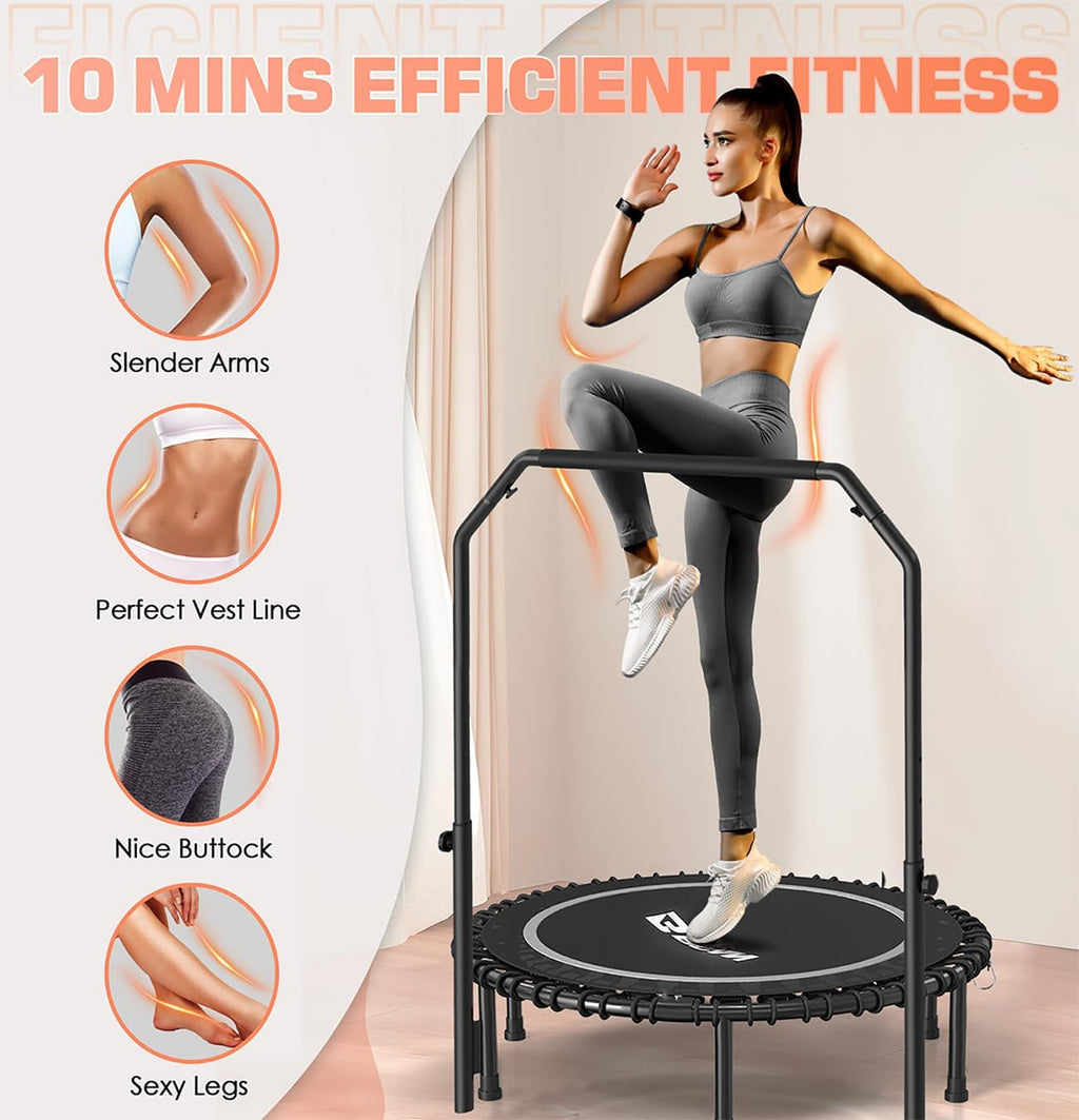 BCAN 450/550 LBS Foldable Mini Trampoline, 40"/48" Fitness Trampoline with Bungees, U Shape Adjustable Foam Handle, Stable & Quiet Exercise Rebounder for Adults Indoor/Outdoor Workout wourant