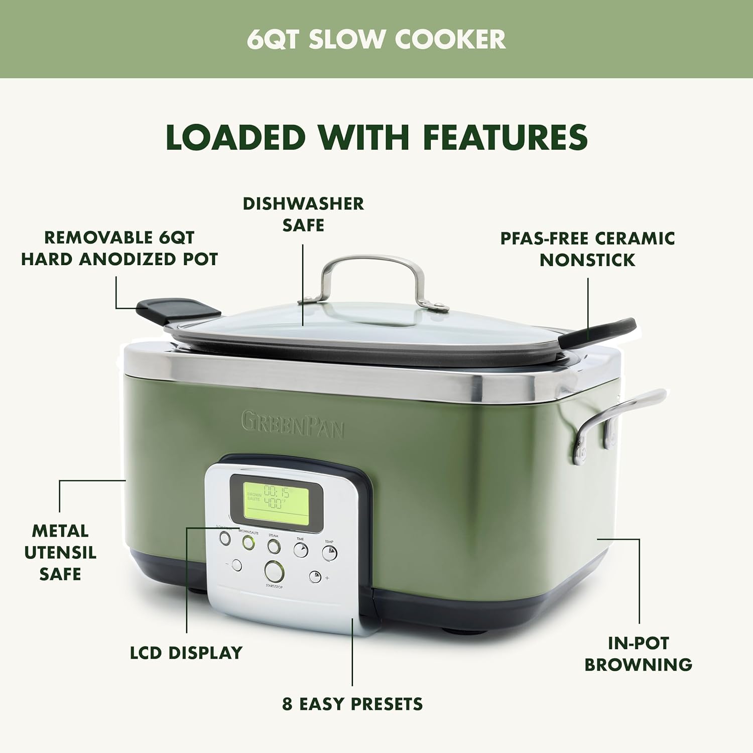 8-in-1 Programmable 6QT Electric Slow Cooker with Dishwasher-Safe Lid and Removable Base wourant