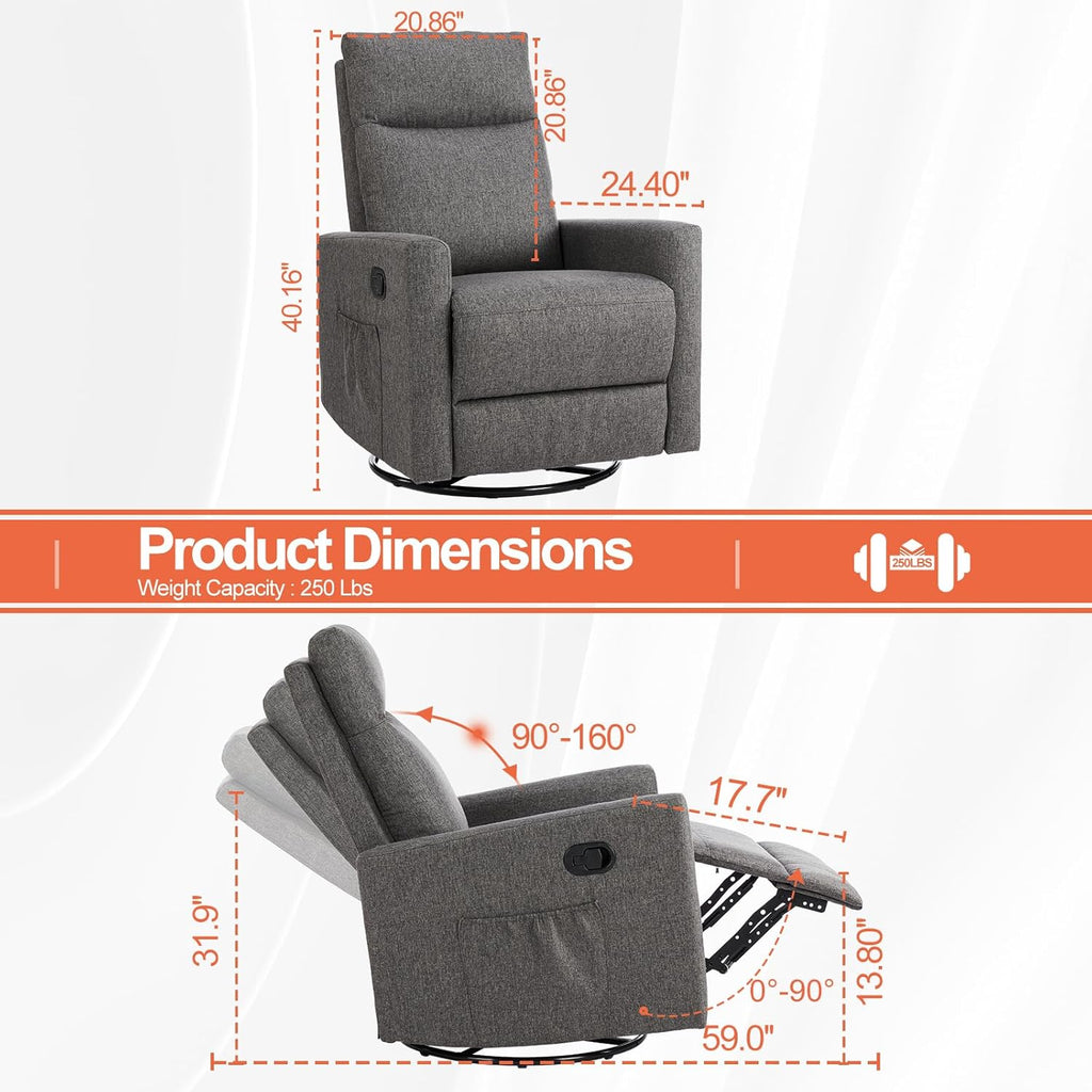Sweetcrispy Recliner Chair, 360 Swivel Rocker Chair for Adults, Glider Rocker Recliners, Nursery Chairs for Living Room, High Back, Upholstered Deep Seat, Classical Brown wourant