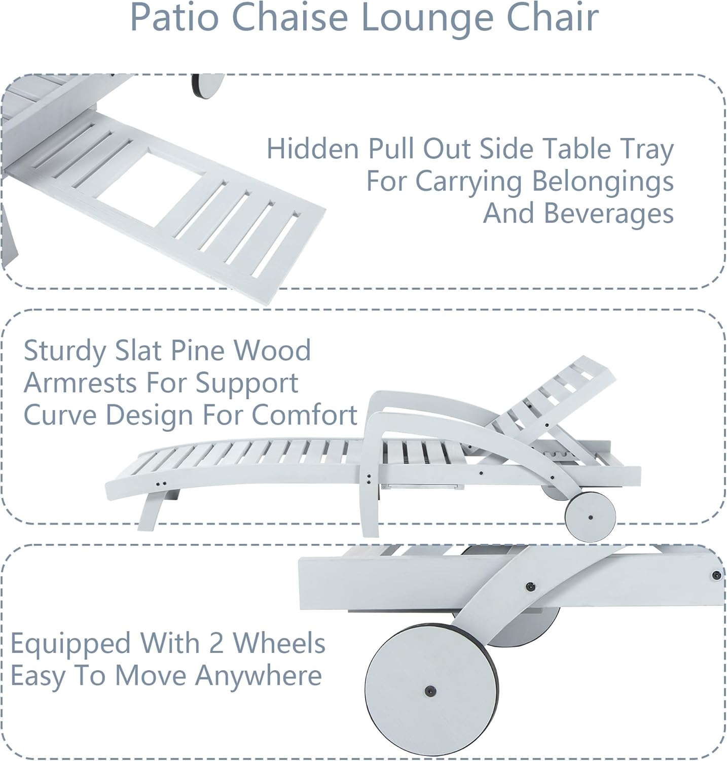 Pool Chaise Lounge Chairs Set of 4 5-Position Adjustable Outdoor Patio Lounge Chairs Wood Reclining Chaise Lounger Chair with Pullout Side Table wourant