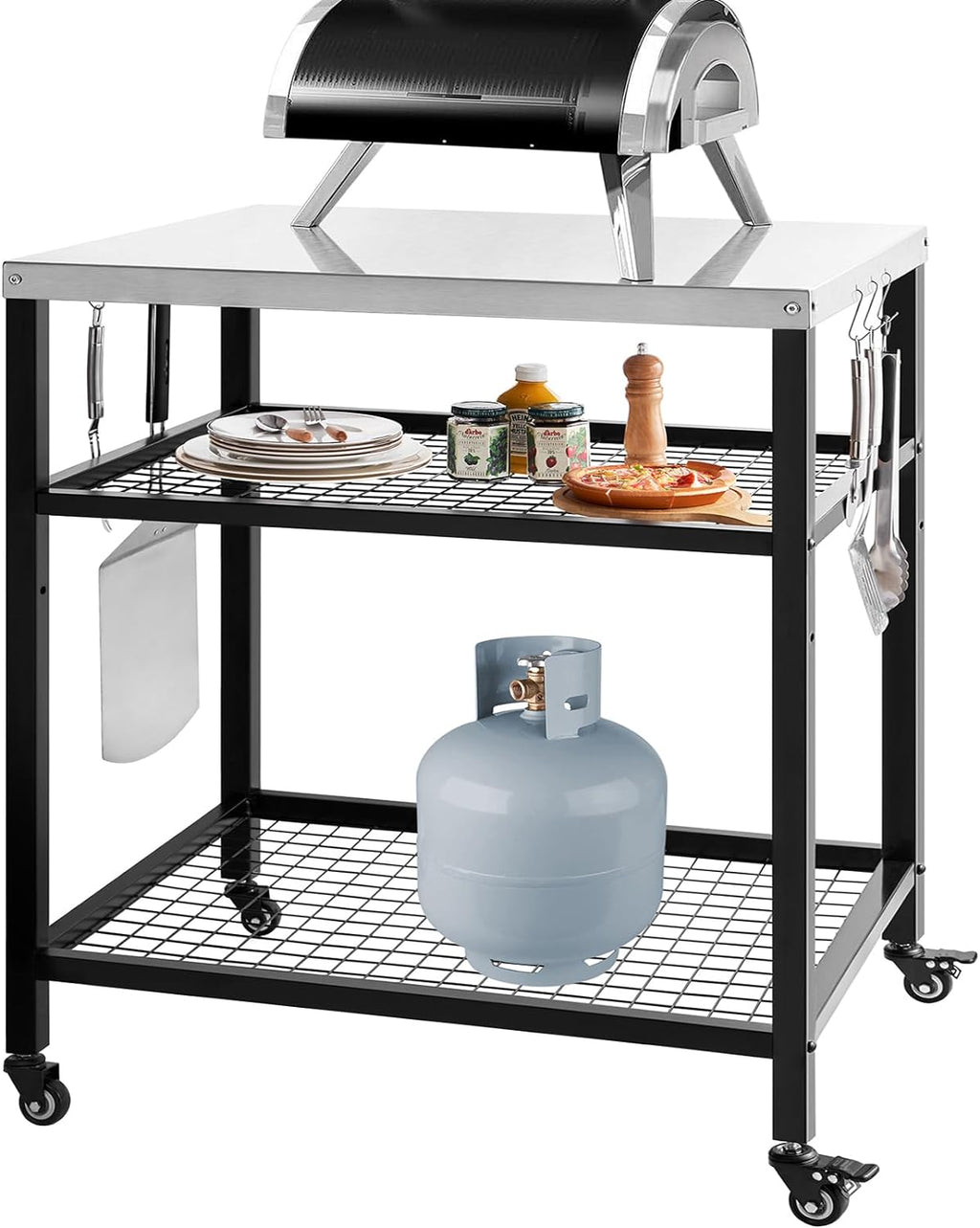 Stainless Steel Outdoor Grill Cart Pizza Oven Stand Trolley Table with Wheels Three-Shelf Movable Food Prep and Work Table Heavy Duty Grill Carts Outdoor Cart 31.5"×24"×35.5" wourant