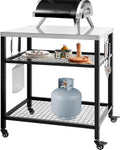 Stainless Steel Outdoor Grill Cart Pizza Oven Stand Trolley Table with Wheels Three-Shelf Movable Food Prep and Work Table Heavy Duty Grill Carts Outdoor Cart 31.5"×24"×35.5" wourant