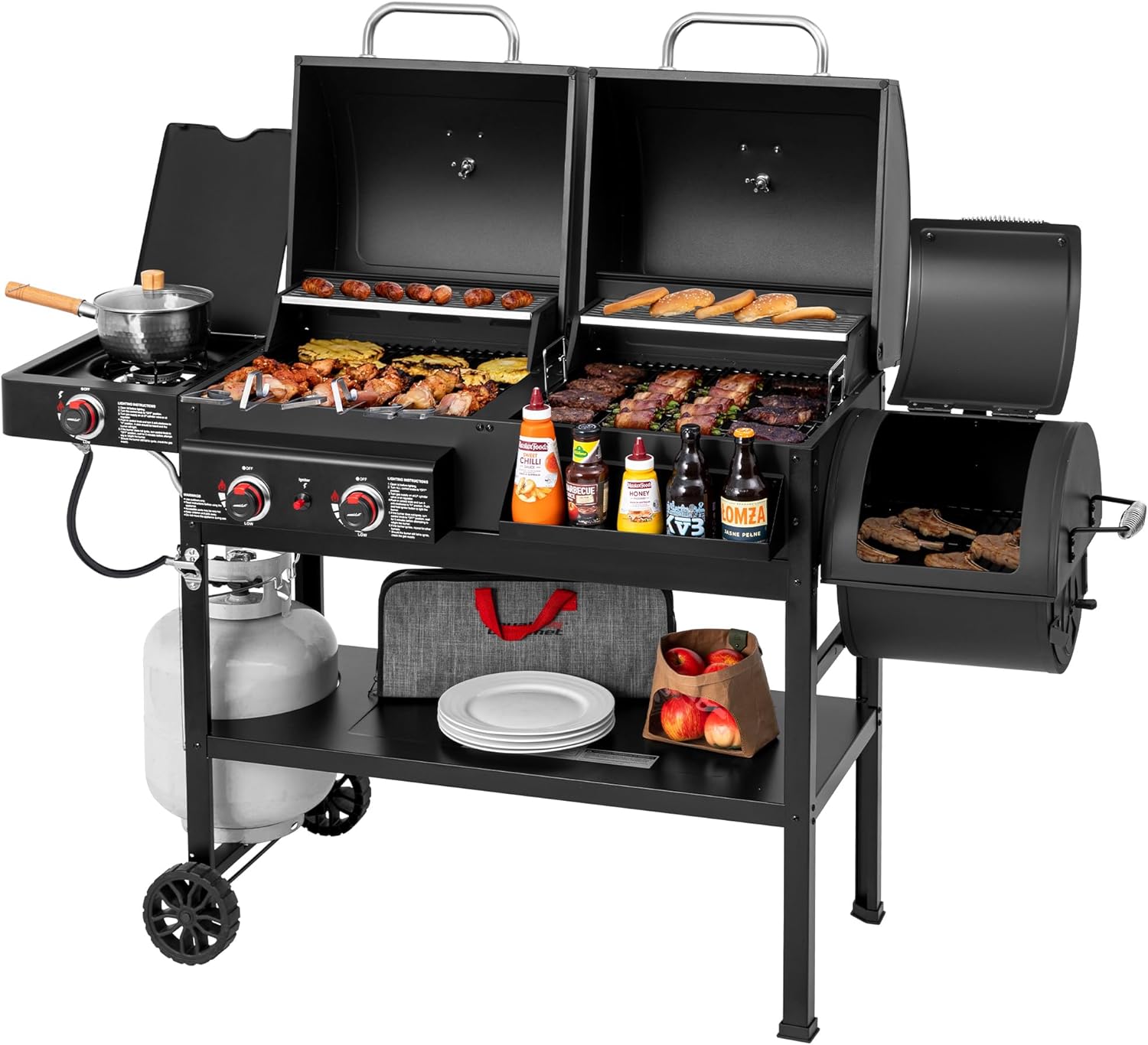 2-Burner Gas and Charcoal Grill Combo with Offset Smoker & Side Burner, 34,000 BTU Dual wourant