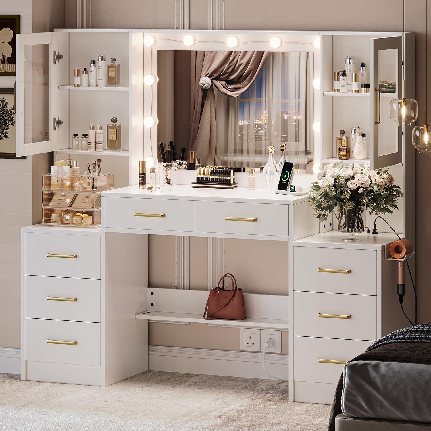 Black Vanity Desk with Mirror, Lights & Charging Station, 58.3" 3 Lighting Modes wourant