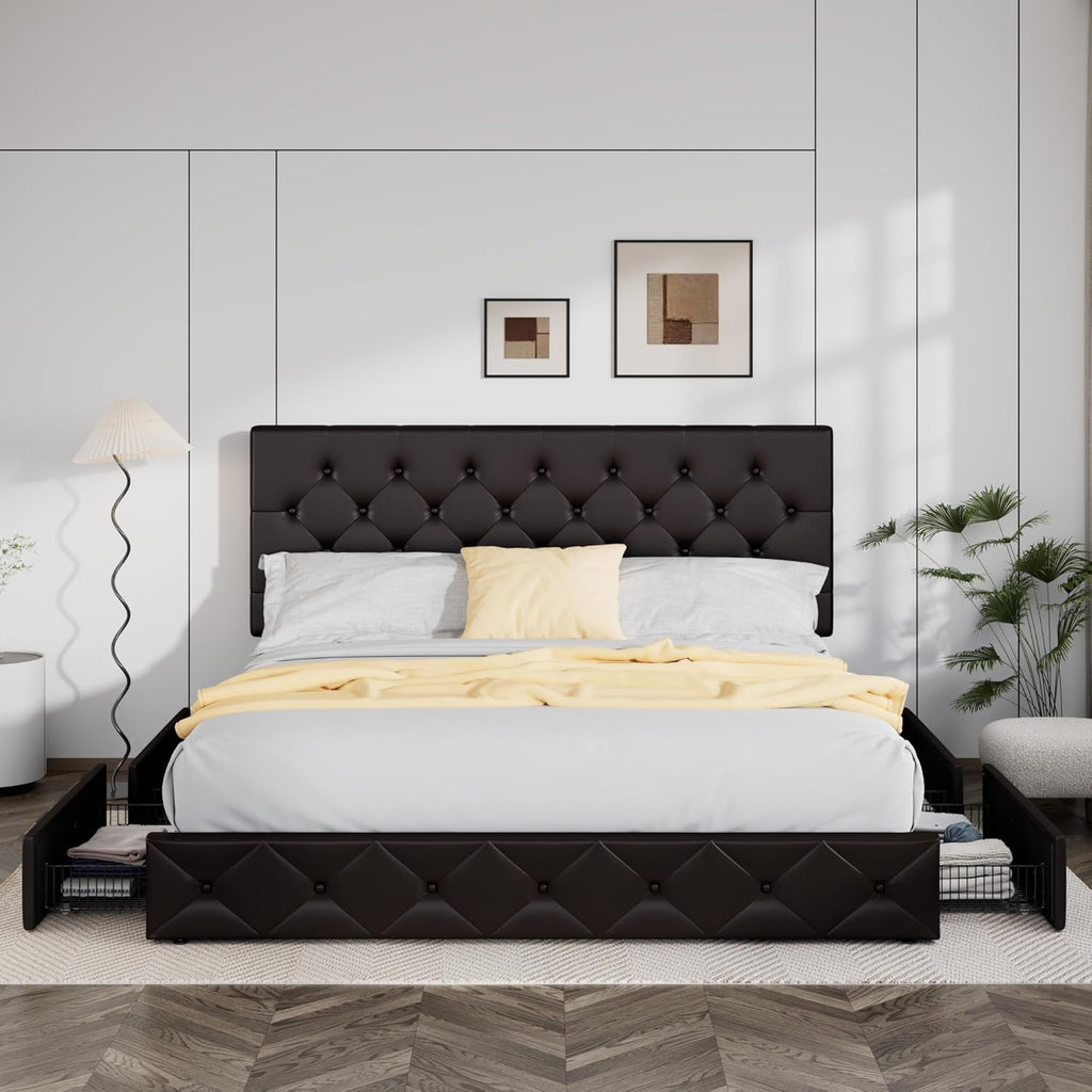 Allewie Upholstered Queen Size Platform Bed Frame with 4 Storage Drawers and Headboard wourant
