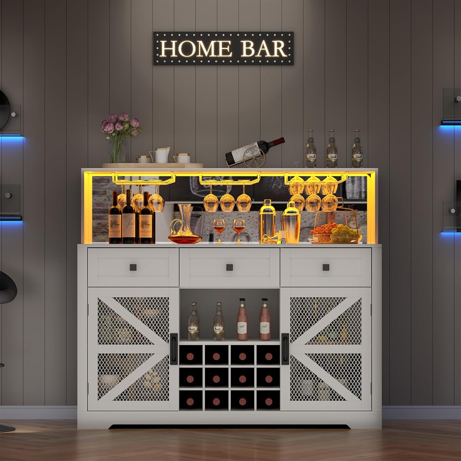 Wine Bar Cabinet with LED Light, Liquor Cabinet with Glass Holder, Coffee Bar for Liquor, Storage Buffet with Wine Racks, Wine Cabinet wourant
