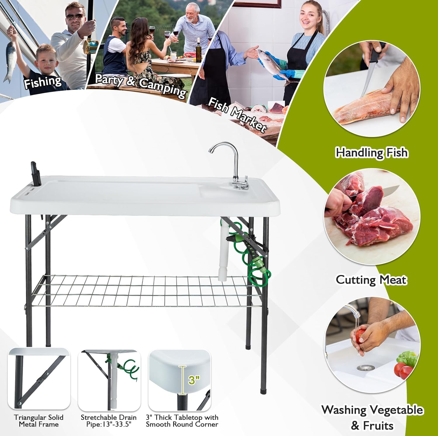 Folding Fish Cleaning Table Portable Camping Sink Table with Faucet Drain Hose and Sprayer Outdoor Fish Fillet Cleaning Station wourant