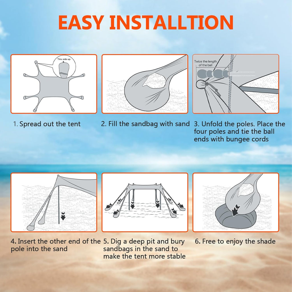 Beach Tent Sun Shelter, 10 x 10 FT Beach Canopy Tent Sun Shade Heavy Duty, UPF50+ Beach Tent Canopy with 8 Sandbags & 4 Stability Poles, Outdoor Beach Shade Canopy for Camping and Fishing, Blue wourant