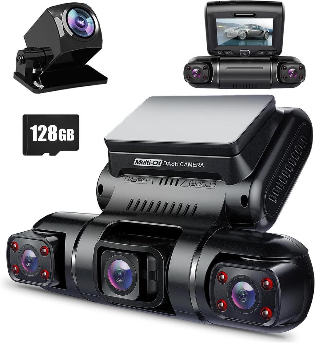 PRUVEEO 360-degree view car dash cam, built-in GPS WiFi night vision, 24/7 all-weather recording parking mode monitor, free 128G card wourant
