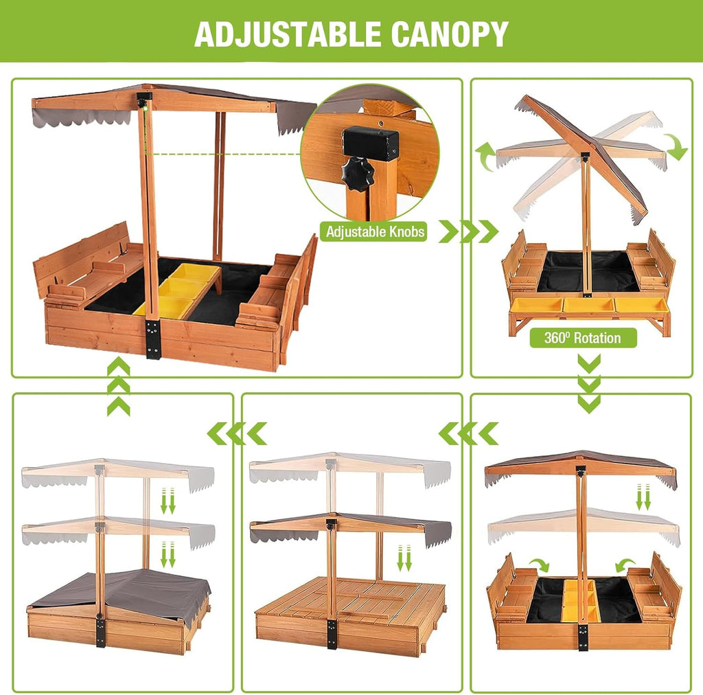 Kids Wooden Outdoor Sandbox w/Canopy, 2 Foldable Bench Seats, Retractable Roof Sand Protection Liner 47x47-Inch wourant