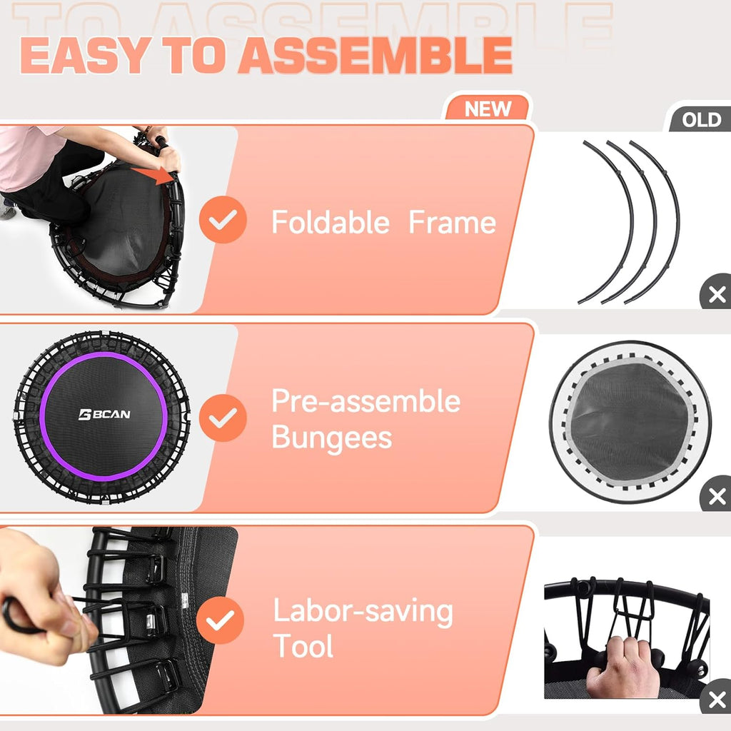 BCAN 450/550 LBS Foldable Mini Trampoline, 40"/48" Fitness Trampoline with Bungees, U Shape Adjustable Foam Handle, Stable & Quiet Exercise Rebounder for Adults Indoor/Outdoor Workout wourant