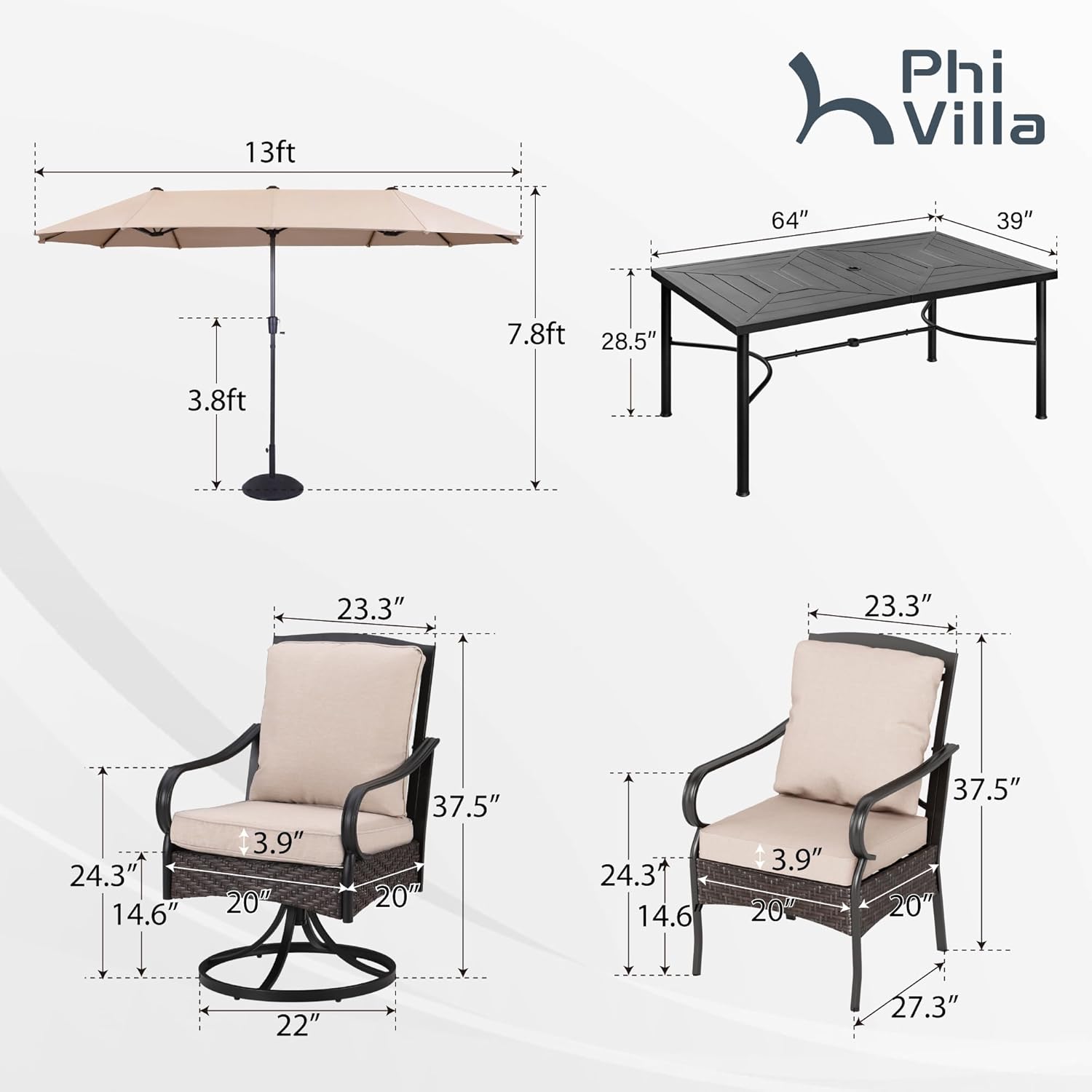 PHI VILLA 6-Piece Outdoor Dining Sets, All-Weather Patio Table and Chairs Set with Umbrella for 4, Heavy Duty Patio Round Table Set for Deck, 4 Extra Large Outdoor Swivel Chairs with Thick Cushions wourant