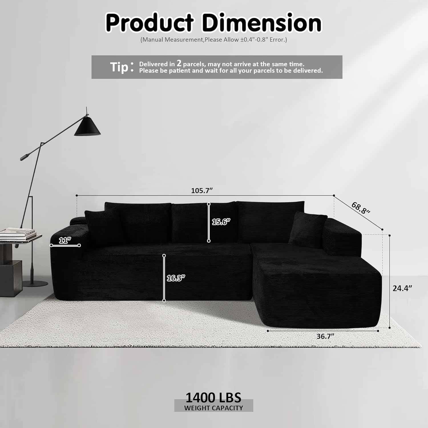 Ovios 104" Cloud Section Sofa L-shaped lounge chair, modern modular sofa wourant