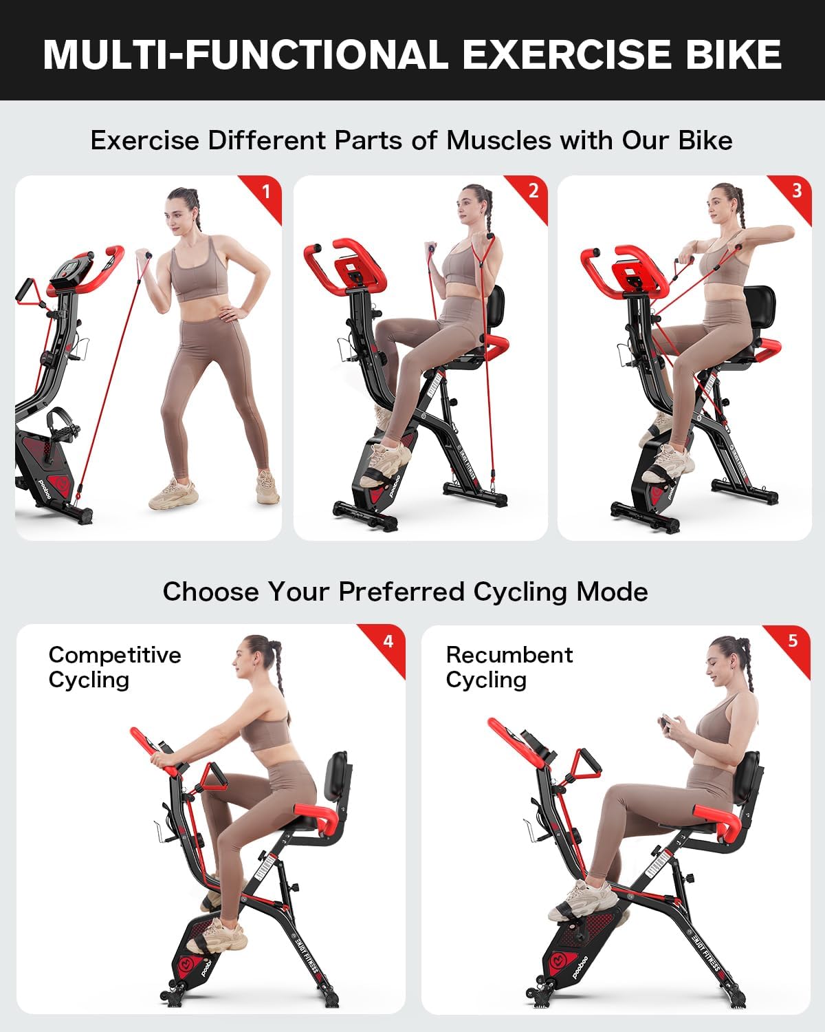 pooboo Folding Exercise Bike, Foldable Fitness Stationary Bike Machine, Upright Indoor Cycling Bike, Magnetic X-Bike with 8-Level Adjustable Resistance, Bottle Holder & Back Support Cushion for Home Gym Workout wourant