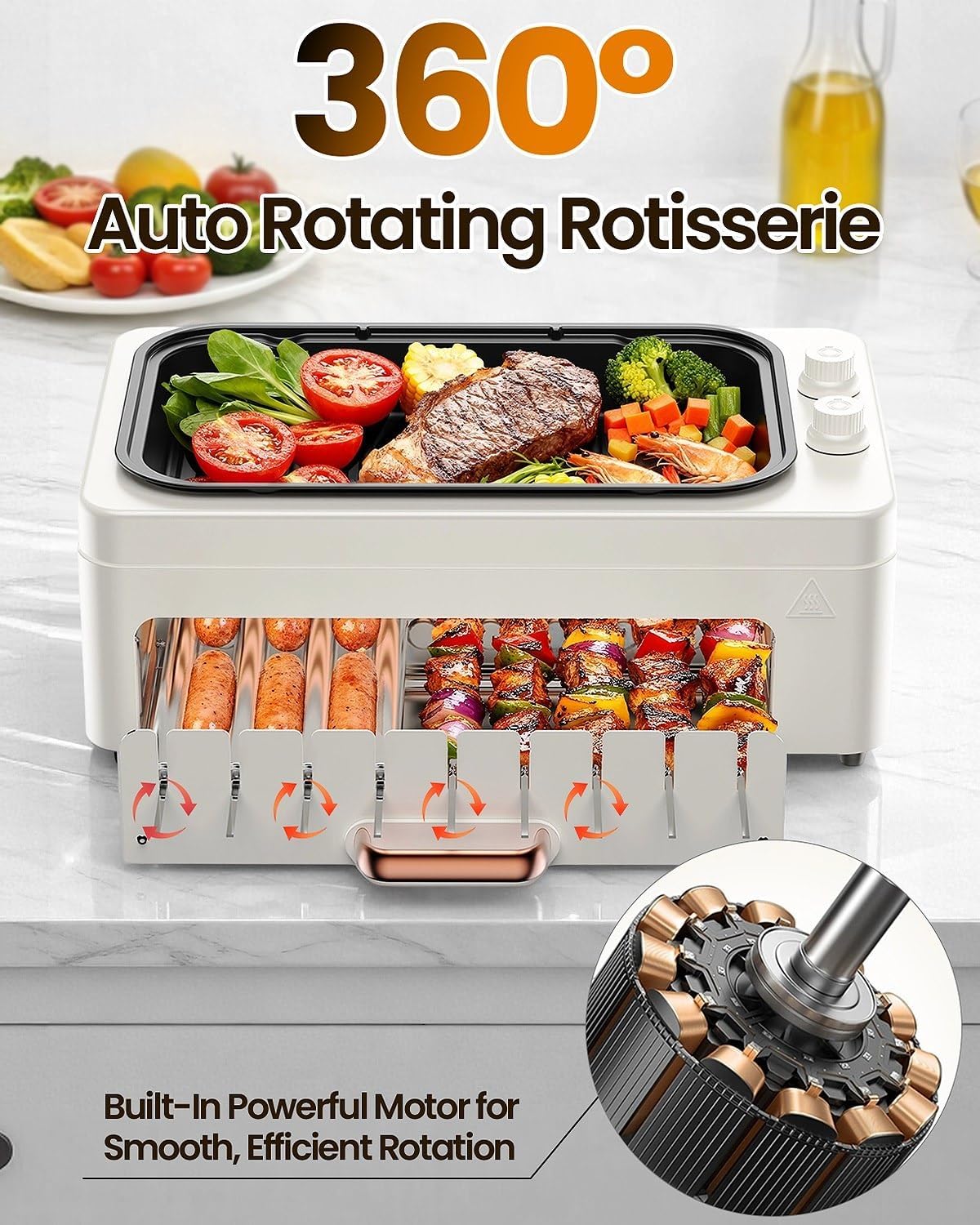 4-in-1 Electric Indoor Grill Smokeless for Home,Countertop Electric Grill with Removable Sizzling Grill Pan & Grate + Auto Rotating Kabob Skewers + Electric Hot Dog Roller Dual Zone Cook with Lid woonhhop