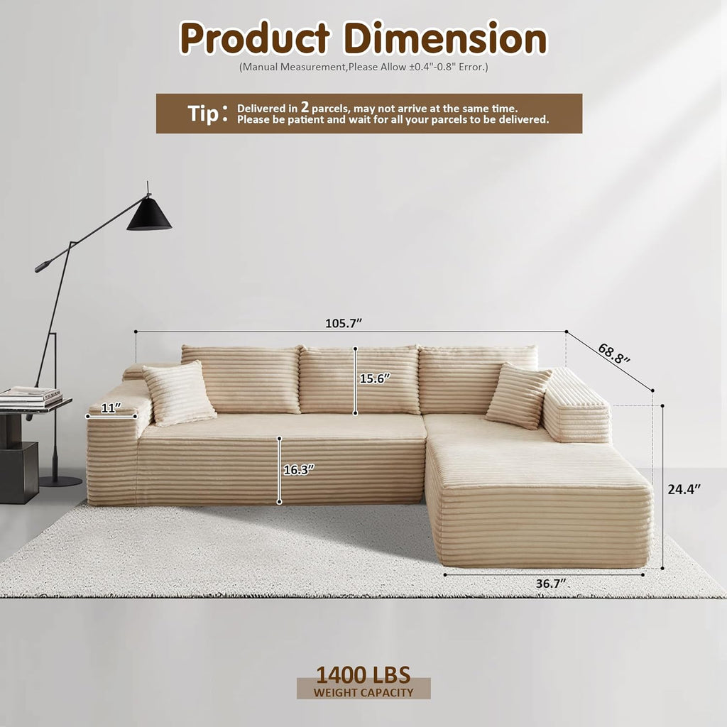 Ovios 104" Cloud Section Sofa L-shaped lounge chair, modern modular sofa wourant