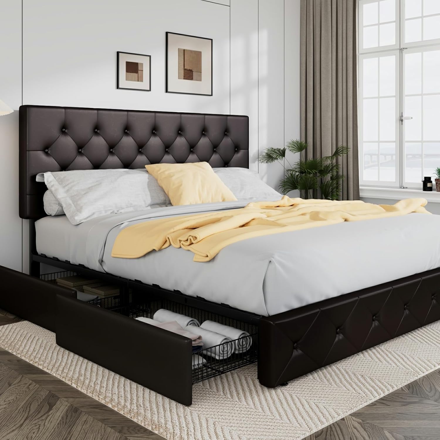 Allewie Upholstered Queen Size Platform Bed Frame with 4 Storage Drawers and Headboard wourant