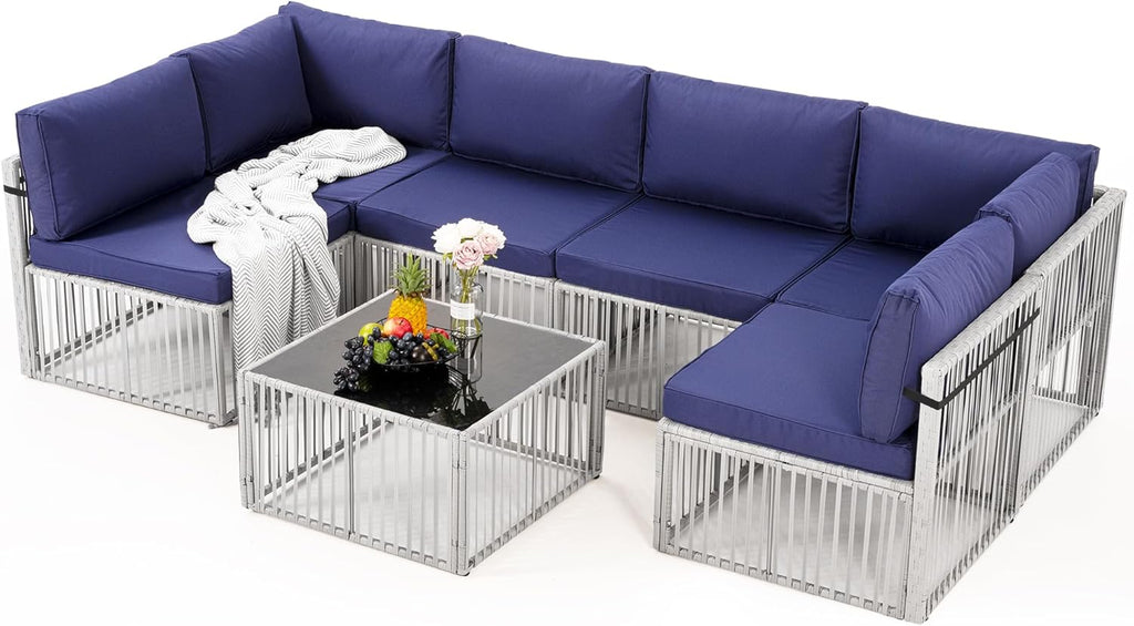 Pamapic 7-Piece Outdoor Sectional Furniture Set, All-Weather Wicker Patio Sofa with Washable Cushions, Gray Waterproof Rattan Conversation Set for Backyard, Poolside, Garden (Gray Cushions) woonhhop