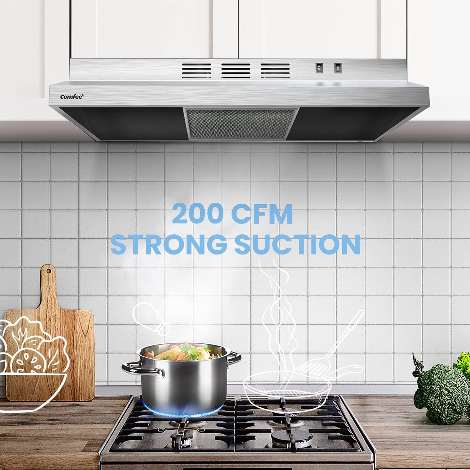 Comfee 30" Under Cabinet Ducted/Ductless Convertible Slim Vent Durable Stainless Steel Kitchen Reusable Filter wourant