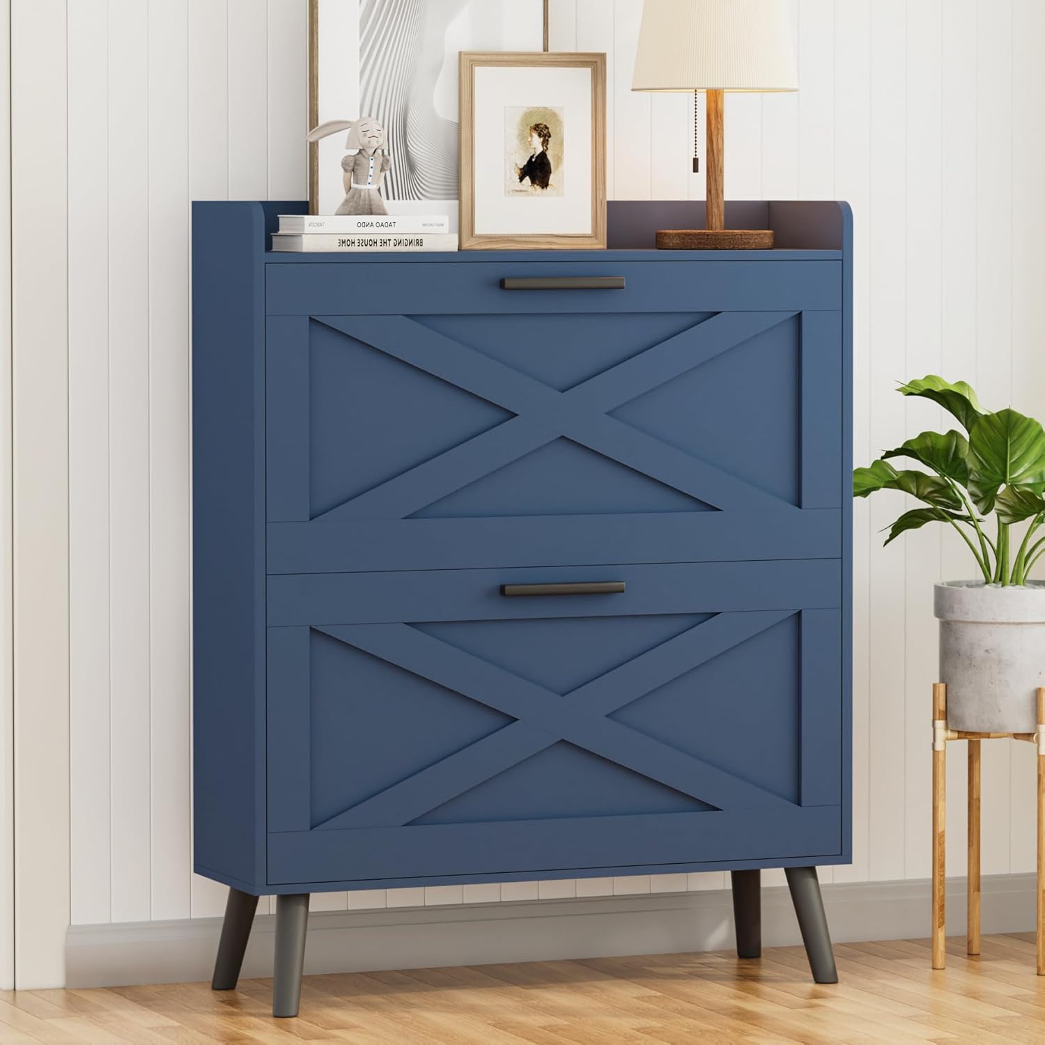 32" wide farmhouse shoe cabinet with 2 flip-top drawers and barn door design, adjustable shelves wourant