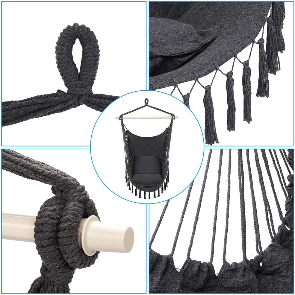 ONCLOUD Hammock Chair Hanging Rope Swing, Load Capacity Up to 550 LBS Macrame Hammock Swing Seat with Two Cushions, Hammock Seats with Portable Steel Spreader Bar for Indoor/Outdoor, Black wourant