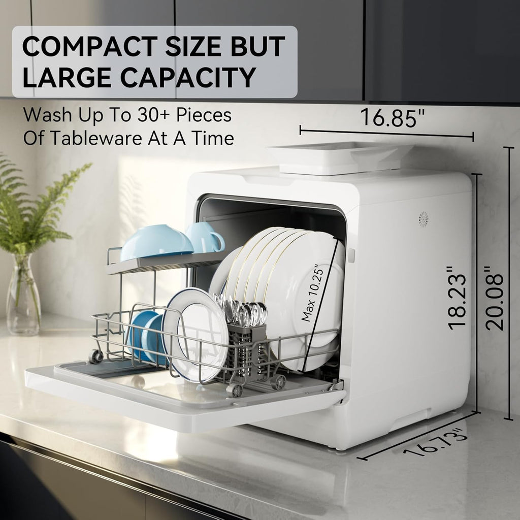 Hermitlux Countertop Dishwasher, 7 Washing Programs Portable Mini Dishwasher with 5-Liter Built-in Water Tank for Apartments & RVs, LED Light, Glass Door, No Hookup Needed wourant