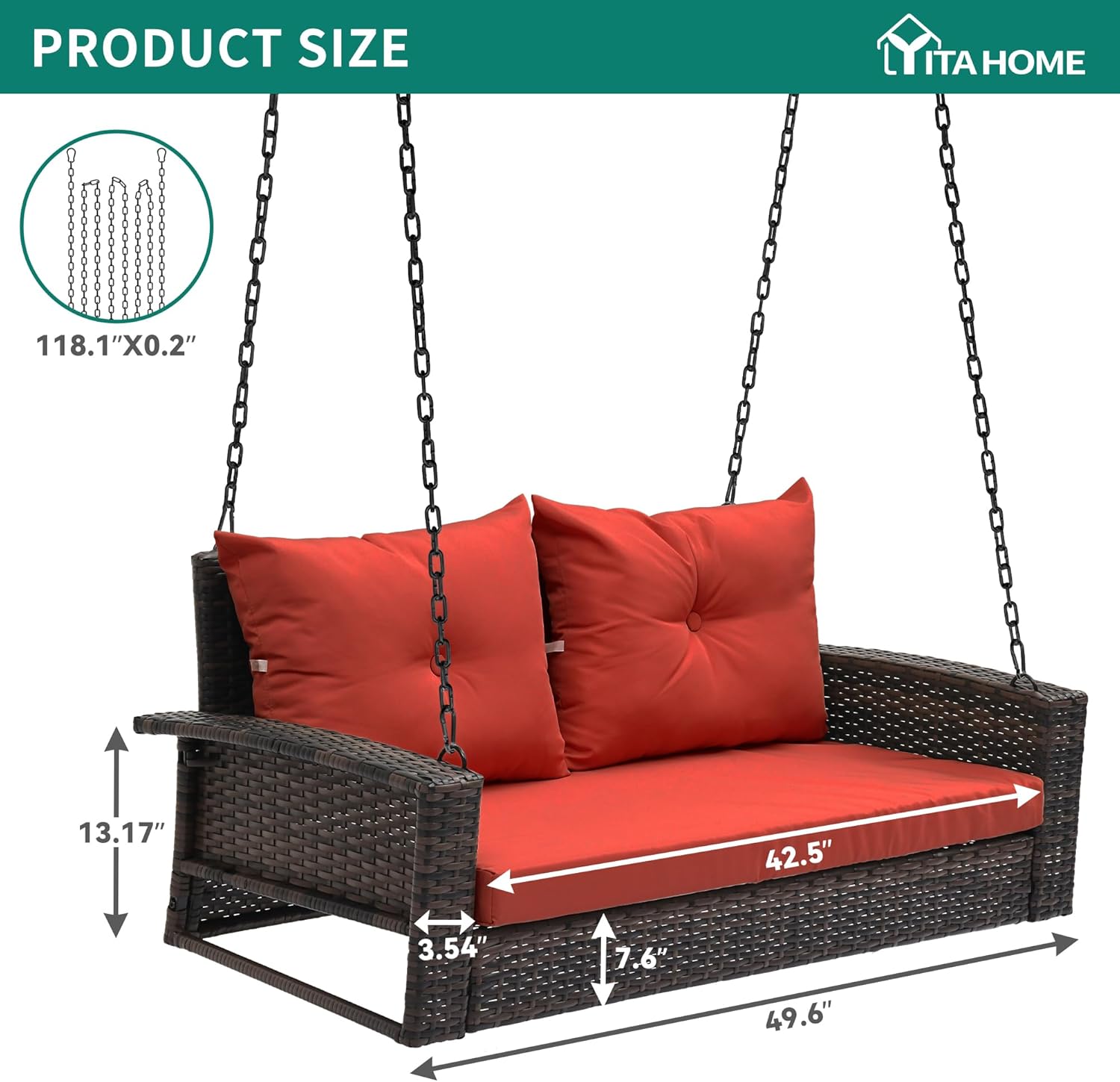 YITAHOME Hanging Porch Swing Chair Sits 3 People, Wicker Outdoor Swing Bench, Patio Lounge Chair, 1 Seating Cushion and 3 Back Cushions, w/Removable Covers, for Garden, Balcony, Backyard, Brown wourant